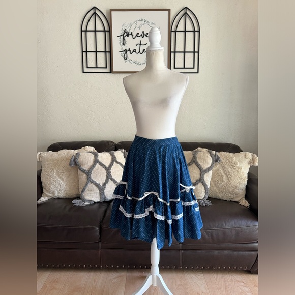 Vintage Partners Please Ruffled Square Dance Navy Blue Polka Dot Skirt Size S - Picture 1 of 14